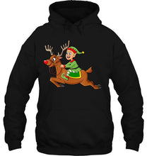 Load image into Gallery viewer, Elf Riding Reindeer Christmas T-Shirt, Ladies T-Shirt, LongSleeve, Sweatshirt, Hoodie 2D
