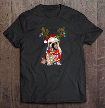 Load image into Gallery viewer, English Bulldog Santa Hat Reindeer Christmas Lights T-Shirt, Ladies T-Shirt, LongSleeve, Sweatshirt, Hoodie 2D
