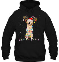 Load image into Gallery viewer, Golden Retriever Reindeer Santa Hat Christmas Lights T-Shirt, Ladies T-Shirt, LongSleeve, Sweatshirt, Hoodie 2D
