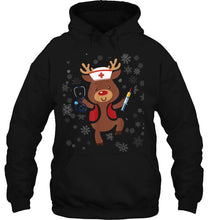 Load image into Gallery viewer, Medical Scrub Top Reindeer Nurse Stethoscope Christmas T-Shirt, Ladies T-Shirt, LongSleeve, Sweatshirt, Hoodie 2D

