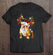 Load image into Gallery viewer, English Bulldog Reindeer Santa Hat Christmas Lights Version2 T-Shirt, Ladies T-Shirt, LongSleeve, Sweatshirt, Hoodie 2D
