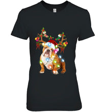 Load image into Gallery viewer, English Bulldog Reindeer Santa Hat Christmas Lights Version2 T-Shirt, Ladies T-Shirt, LongSleeve, Sweatshirt, Hoodie 2D
