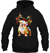 Load image into Gallery viewer, English Bulldog Reindeer Santa Hat Christmas Lights Version2 T-Shirt, Ladies T-Shirt, LongSleeve, Sweatshirt, Hoodie 2D
