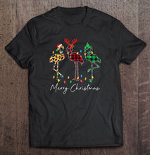 Load image into Gallery viewer, Merry Christmas Plaid Flamingo Santa Hat Reindeer Elf T-Shirt, Ladies T-Shirt, LongSleeve, Sweatshirt, Hoodie 2D
