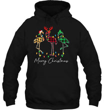 Load image into Gallery viewer, Merry Christmas Plaid Flamingo Santa Hat Reindeer Elf T-Shirt, Ladies T-Shirt, LongSleeve, Sweatshirt, Hoodie 2D
