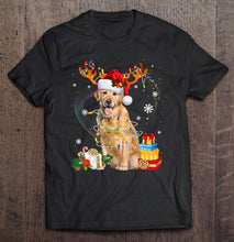Load image into Gallery viewer, Golden Retriever Reindeer Santa Hat Christmas Lights Gift T-Shirt, Ladies T-Shirt, LongSleeve, Sweatshirt, Hoodie 2D
