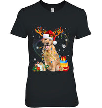 Load image into Gallery viewer, Golden Retriever Reindeer Santa Hat Christmas Lights Gift T-Shirt, Ladies T-Shirt, LongSleeve, Sweatshirt, Hoodie 2D
