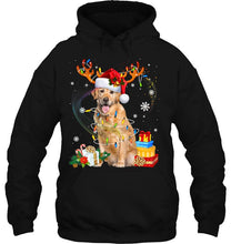 Load image into Gallery viewer, Golden Retriever Reindeer Santa Hat Christmas Lights Gift T-Shirt, Ladies T-Shirt, LongSleeve, Sweatshirt, Hoodie 2D
