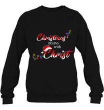 Load image into Gallery viewer, Christmas Begin With Christ Tee Christmas Fairy Light T-Shirt, Ladies T-Shirt,  Sweatshirt, Hoodie 2D

