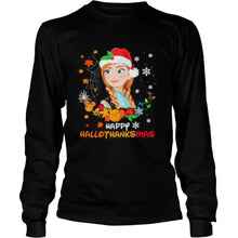 Load image into Gallery viewer, Anna Happy Hallothanksmas Halloween Thanksgiving Christmas T-Shirt, Ladies T-Shirt, LongSleeve, Sweatshirt, Hoodie 2D

