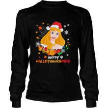 Load image into Gallery viewer, Aurora Happy Hallothanksmas Halloween Thanksgiving Christmas T-Shirt, Ladies T-Shirt, LongSleeve, Sweatshirt, Hoodie 2D
