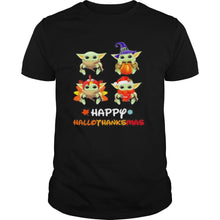 Load image into Gallery viewer, Baby Yoda Happy Hallothanksmas Halloween Thanksgiving Christmas T-Shirt, Ladies T-Shirt, LongSleeve, Sweatshirt, Hoodie 2D

