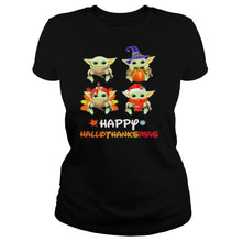 Load image into Gallery viewer, Baby Yoda Happy Hallothanksmas Halloween Thanksgiving Christmas T-Shirt, Ladies T-Shirt, LongSleeve, Sweatshirt, Hoodie 2D
