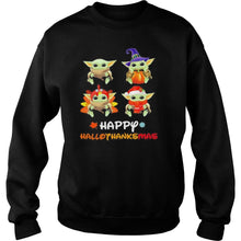 Load image into Gallery viewer, Baby Yoda Happy Hallothanksmas Halloween Thanksgiving Christmas T-Shirt, Ladies T-Shirt, LongSleeve, Sweatshirt, Hoodie 2D
