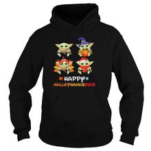 Load image into Gallery viewer, Baby Yoda Happy Hallothanksmas Halloween Thanksgiving Christmas T-Shirt, Ladies T-Shirt, LongSleeve, Sweatshirt, Hoodie 2D
