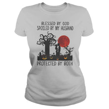 Load image into Gallery viewer, Blessed By God Spoiled By My Husband Protected By Both Pumpkin Halloween T-Shirt, Ladies T-Shirt, LongSleeve, Sweatshirt, Hoodie 2D
