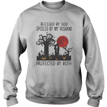 Load image into Gallery viewer, Blessed By God Spoiled By My Husband Protected By Both Pumpkin Halloween T-Shirt, Ladies T-Shirt, LongSleeve, Sweatshirt, Hoodie 2D
