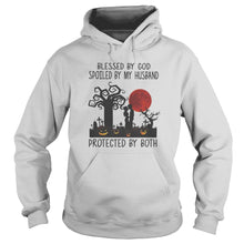 Load image into Gallery viewer, Blessed By God Spoiled By My Husband Protected By Both Pumpkin Halloween T-Shirt, Ladies T-Shirt, LongSleeve, Sweatshirt, Hoodie 2D
