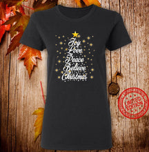Load image into Gallery viewer, Christmas Tree Shirt Love Peace Believe Christmas T-Shirt, Ladies T-Shirt 2D
