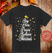 Load image into Gallery viewer, Christmas Tree Shirt Love Peace Believe Christmas T-Shirt, Ladies T-Shirt 2D
