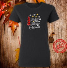 Load image into Gallery viewer, Cute Casual Believe in Magic of Christmas Tree Buffalo PlaidT-Shirt, Ladies T-Shirt 2D
