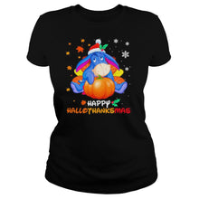 Load image into Gallery viewer, Eeyore Donkey Happy Hallothanksmas Halloween Thanksgiving Christmas T-Shirt, Ladies T-Shirt, LongSleeve, Sweatshirt, Hoodie 2D

