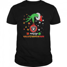 Load image into Gallery viewer, Grinch Holding Las Vegas Raiders Logo Happy Hallothanksmas Halloween Thanksgiving Christmas T-Shirt, Ladies T-Shirt, LongSleeve, Sweatshirt, Hoodie 2D
