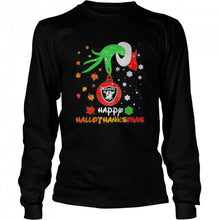 Load image into Gallery viewer, Grinch Holding Las Vegas Raiders Logo Happy Hallothanksmas Halloween thanksgiving christmasChristmas T-Shirt, Ladies T-Shirt, LongSleeve, Sweatshirt, Hoodie 2D

