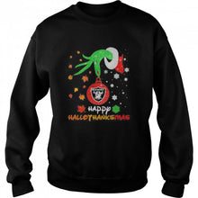 Load image into Gallery viewer, Grinch Holding Las Vegas Raiders Logo Happy Hallothanksmas Halloween Thanksgiving Christmas T-Shirt, Ladies T-Shirt, LongSleeve, Sweatshirt, Hoodie 2D
