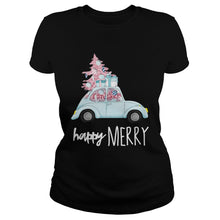 Load image into Gallery viewer, Happy Merry Vintage Car Christmas Holiday Pink Xmas Tree T-Shirt, Ladies T-Shirt, LongSleeve, Sweatshirt, Hoodie 2D

