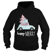 Load image into Gallery viewer, Happy Merry Vintage Car Christmas Holiday Pink Xmas Tree T-Shirt, Ladies T-Shirt, LongSleeve, Sweatshirt, Hoodie 2D
