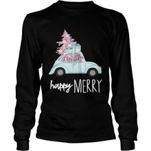 Load image into Gallery viewer, Happy Merry Vintage Car Christmas Holiday Pink Xmas Tree T-Shirt, Ladies T-Shirt, LongSleeve, Sweatshirt, Hoodie 2D
