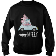 Load image into Gallery viewer, Happy Merry Vintage Car Christmas Holiday Pink Xmas Tree T-Shirt, Ladies T-Shirt, LongSleeve, Sweatshirt, Hoodie 2D

