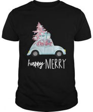 Load image into Gallery viewer, Happy Merry Vintage Car Christmas Holiday Pink Xmas Tree T-Shirt, Ladies T-Shirt, LongSleeve, Sweatshirt, Hoodie 2D

