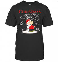 Load image into Gallery viewer, MERRY CHRISTMAS SNOOPY AND CHARLIE BROWN BEGINS WITH CHRIST T-Shirt, Ladies T-Shirt, LongSleeve, Sweatshirt, Hoodie 2D
