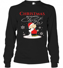 Load image into Gallery viewer, MERRY CHRISTMAS SNOOPY AND CHARLIE BROWN BEGINS WITH CHRIST T-Shirt, Ladies T-Shirt, LongSleeve, Sweatshirt, Hoodie 2D
