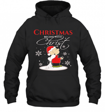 Load image into Gallery viewer, MERRY CHRISTMAS SNOOPY AND CHARLIE BROWN BEGINS WITH CHRIST T-Shirt, Ladies T-Shirt, LongSleeve, Sweatshirt, Hoodie 2D
