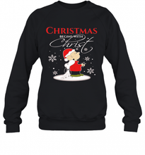 Load image into Gallery viewer, MERRY CHRISTMAS SNOOPY AND CHARLIE BROWN BEGINS WITH CHRIST T-Shirt, Ladies T-Shirt, LongSleeve, Sweatshirt, Hoodie 2D
