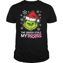 Load image into Gallery viewer, Merry Christmas The Grinch Stole My Boobs Cancer Awareness T-Shirt, Ladies T-Shirt, LongSleeve, Sweatshirt, Hoodie 2D
