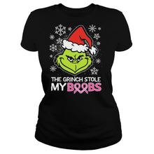 Load image into Gallery viewer, Merry Christmas The Grinch Stole My Boobs Cancer Awareness T-Shirt, Ladies T-Shirt, LongSleeve, Sweatshirt, Hoodie 2D
