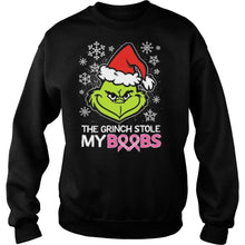 Load image into Gallery viewer, Merry Christmas The Grinch Stole My Boobs Cancer Awareness T-Shirt, Ladies T-Shirt, LongSleeve, Sweatshirt, Hoodie 2D
