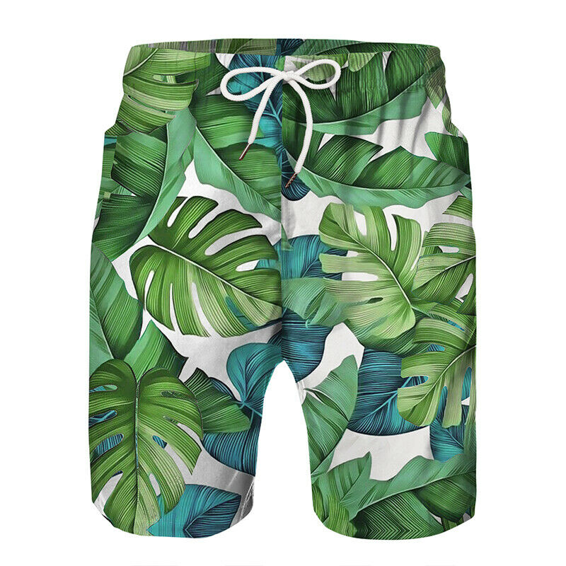 3D Leaf Print Summer Beach Shorts Men's Cool Sport Short Pants 3D Swim Trunks